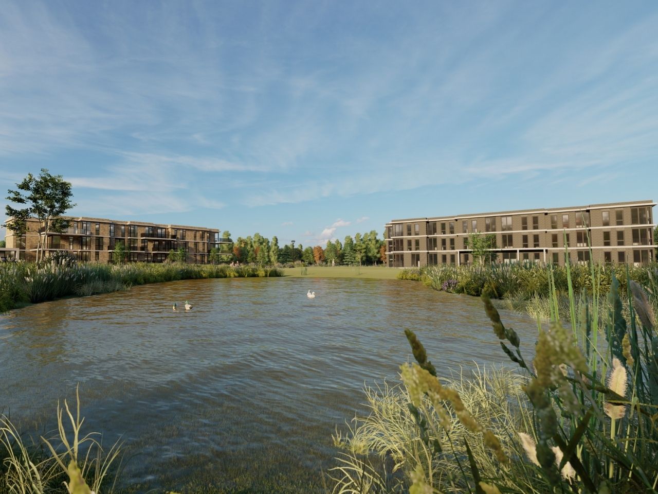 Impressie van de appartementengebouwen aan het water in Rosmalen